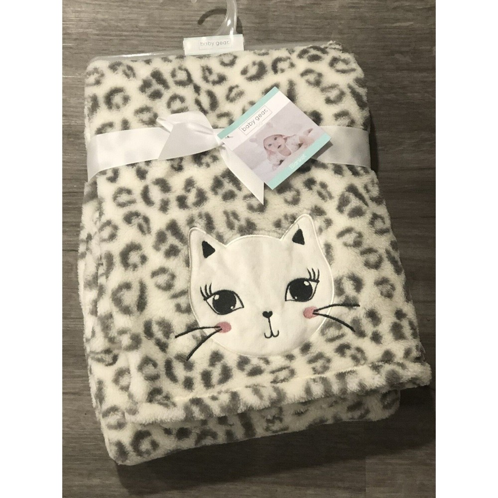 Baby Gear Embroidered Cat Face Blanket Kitten Snow Leopard Animal Print Gray New